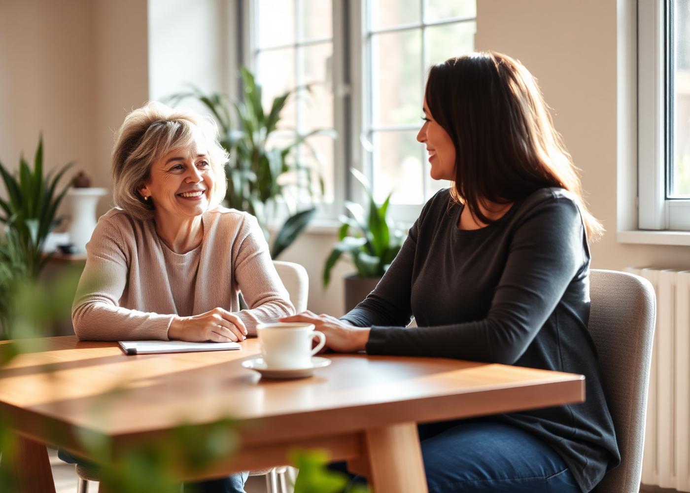 A counsellor listening to a woman at a warm sunlit table